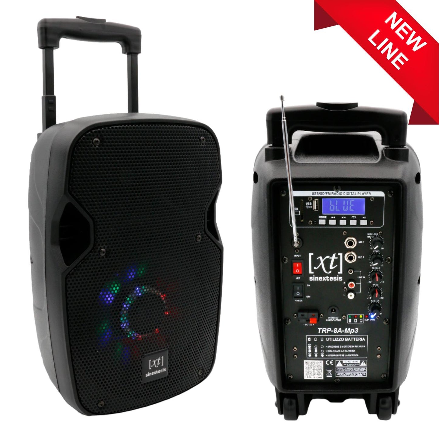 Diffusore Trolley 200W Ricaricabile Woofer da 08' con sistema LED, Display LCD, Player Mp3 (USB/SD), Radio FM, Caricatore USB, Telecomando, 1 Radiomicrofono, Echo SINEXTESIS