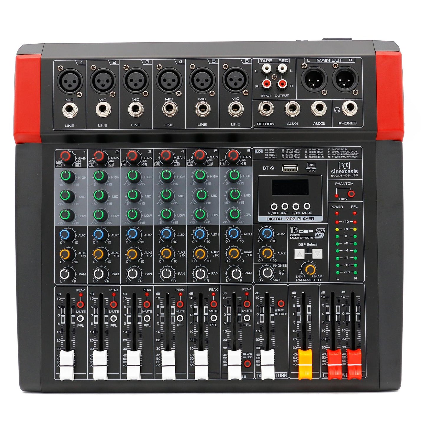 Mixer 6 canali, multieffetto DSP, interfaccia USB, lettore Mp3, Bluetooth SINEXTESIS Evomix,