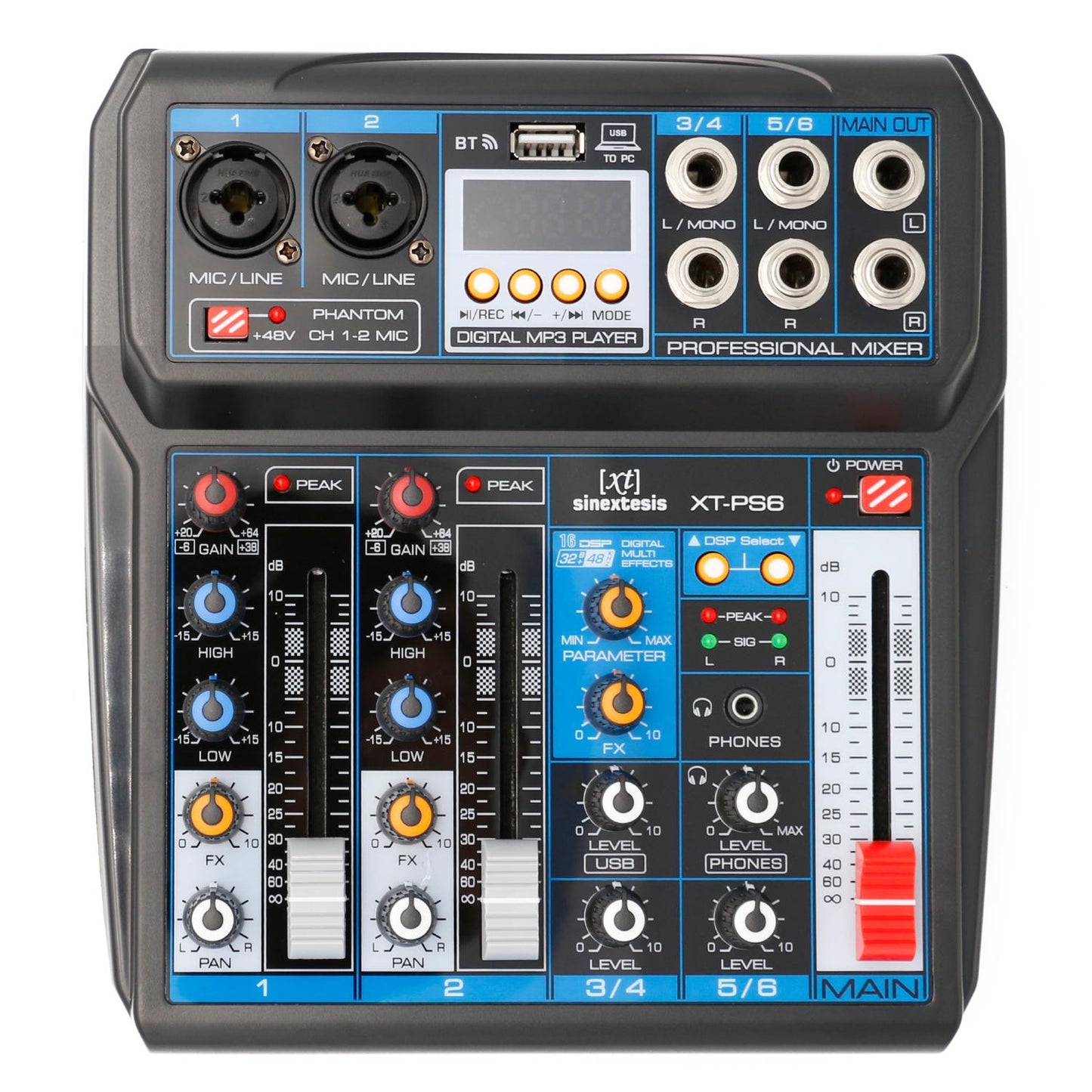 SINEXTESIS Mixer 6 canali, multieffetto DSP, interfaccia USB, lettore Mp3, Bluetooth
