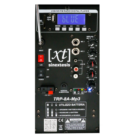 Diffusore Trolley 200W Ricaricabile Woofer da 08' con sistema LED, Display LCD, Player Mp3 (USB/SD), Radio FM, Caricatore USB, Telecomando, 1 Radiomicrofono, Echo SINEXTESIS