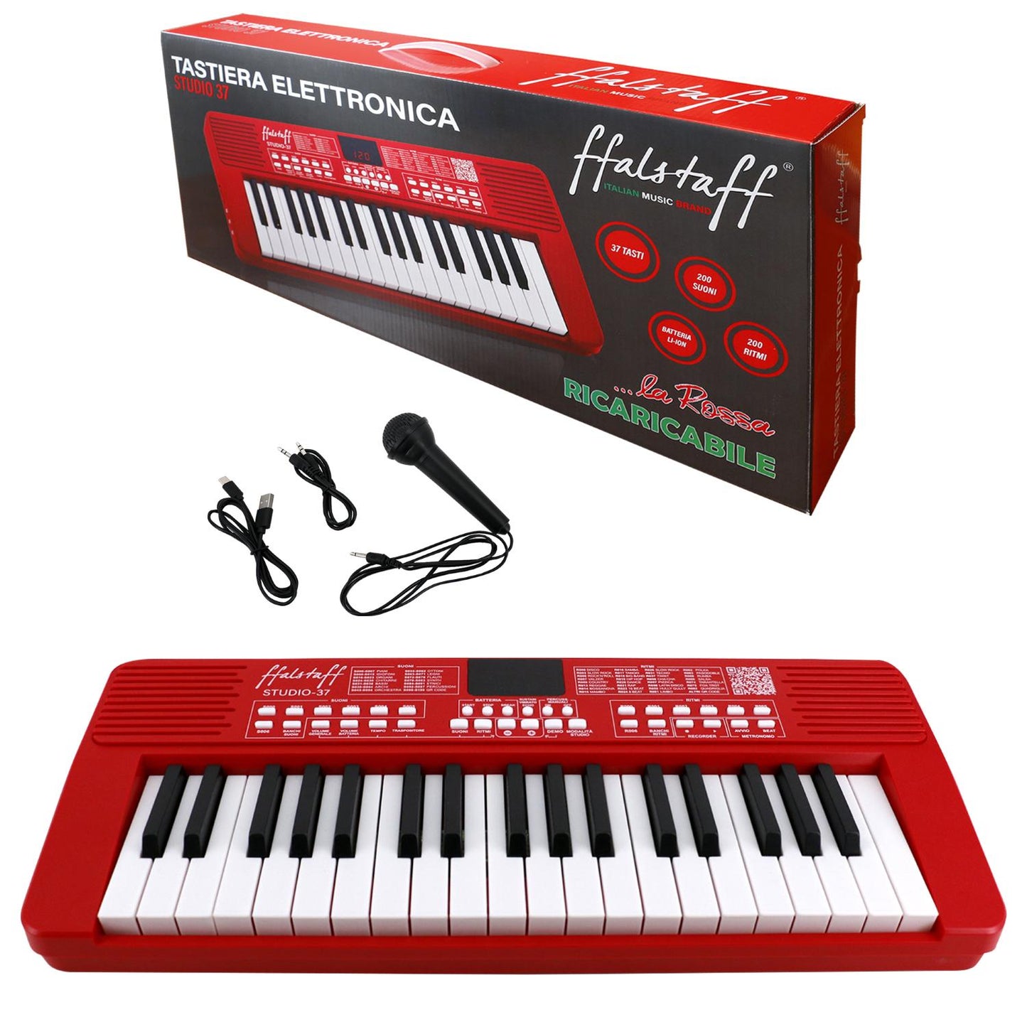 ffalstaff Tastiera elettronica ricaricabile 37 tasti per uso Scolastico "Italian Design" con 200 Suoni, 200 Ritmi, 50 Brani dimostrativi ROSSA