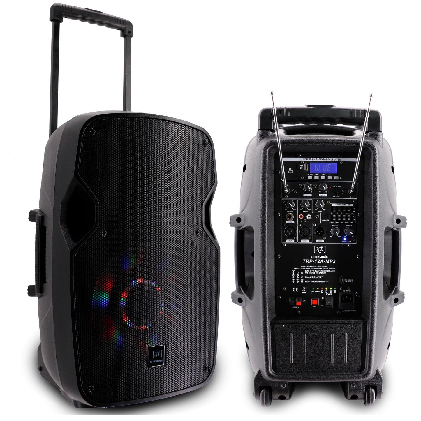 Diffusore Trolley 400W Ricaricabile Woofer da 12' con sistema LED, 2 Radiomicrofoni, effetto voce