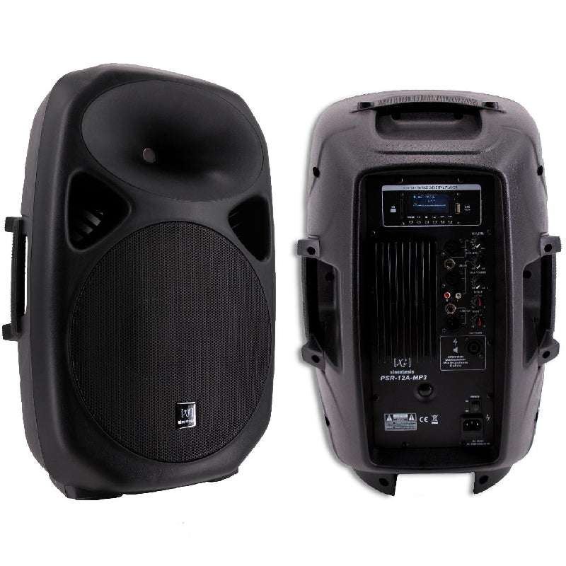 Diffusore Attivo 400W (LF 12" + HF 1") con Display LCD, Player Mp3 (USB/SD), Radio FM e Telecomando SINEXTESIS