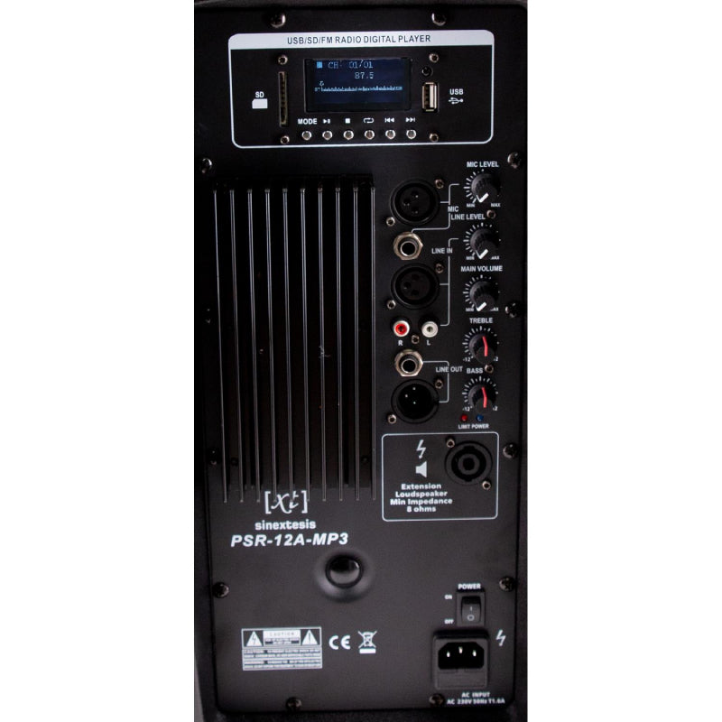 Diffusore Attivo 400W (LF 12" + HF 1") con Display LCD, Player Mp3 (USB/SD), Radio FM e Telecomando SINEXTESIS
