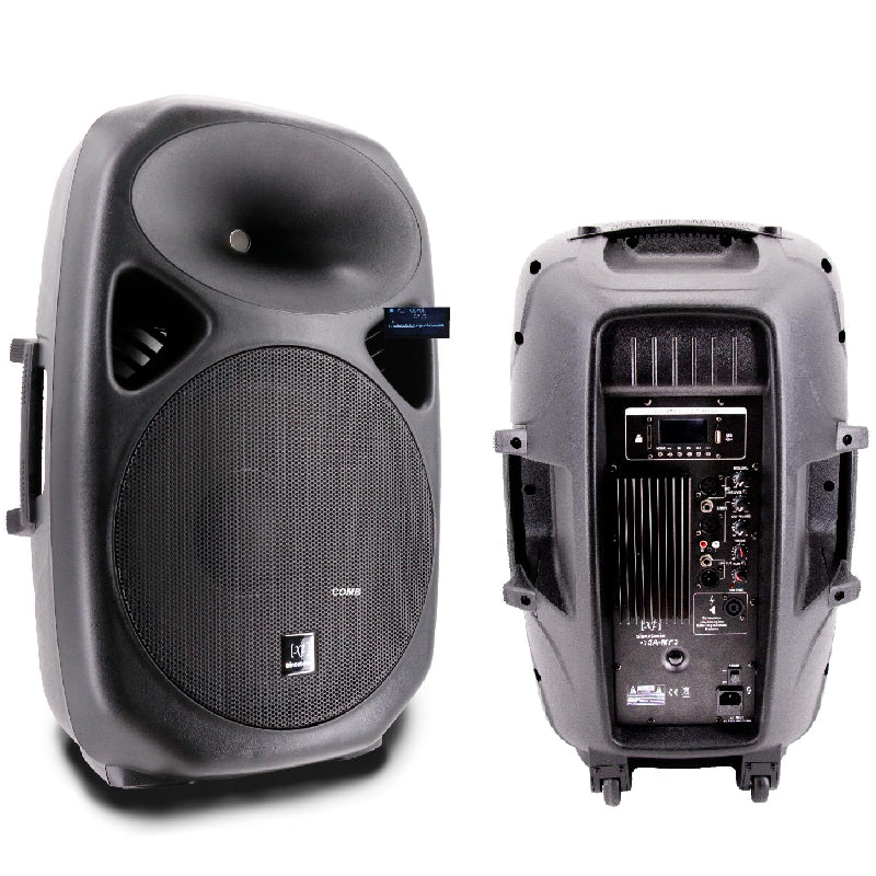 Diffusore Attivo 500W (LF 15" + HF 1") con Display LCD, Player Mp3 (USB/SD), Radio FM e Telecomando SINEXTESIS