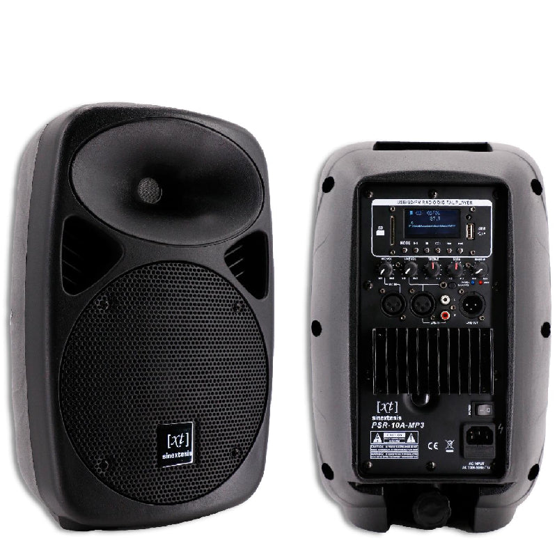 Diffusore Attivo 250W (LF 10" + HF 1") con Display LCD, Player Mp3 (USB/SD), Radio FM e Telecomando SINEXTESIS
