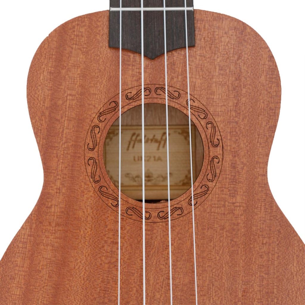 "Soprano" Ukulele with inlaid wood rosette and Falstaff Bag - Dark Natural