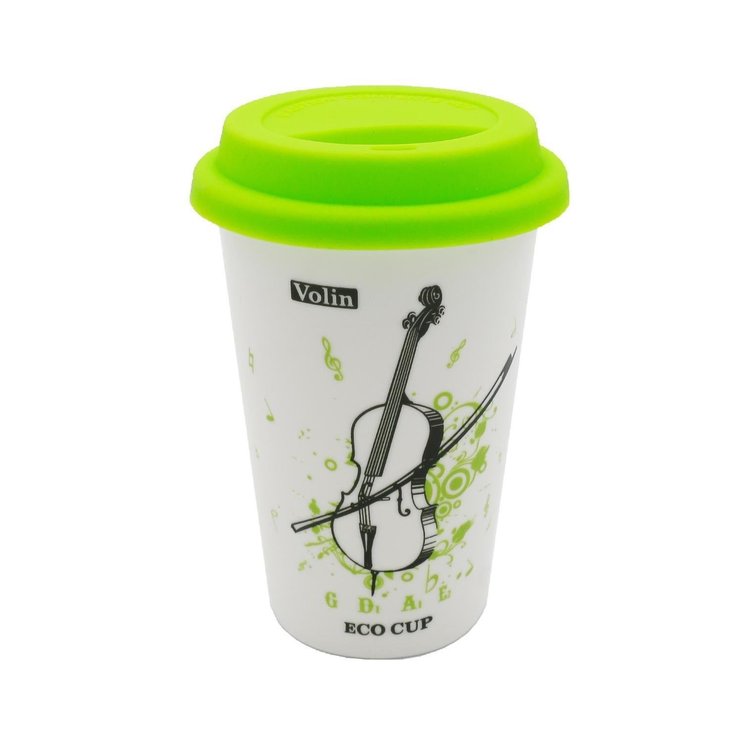 White ceramic violin-themed mug with green silicone lid