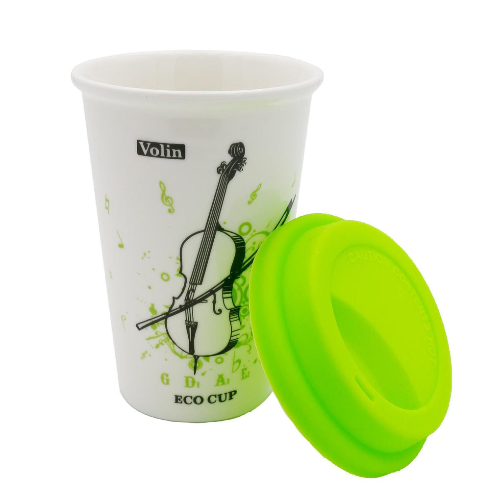 White ceramic violin-themed mug with green silicone lid
