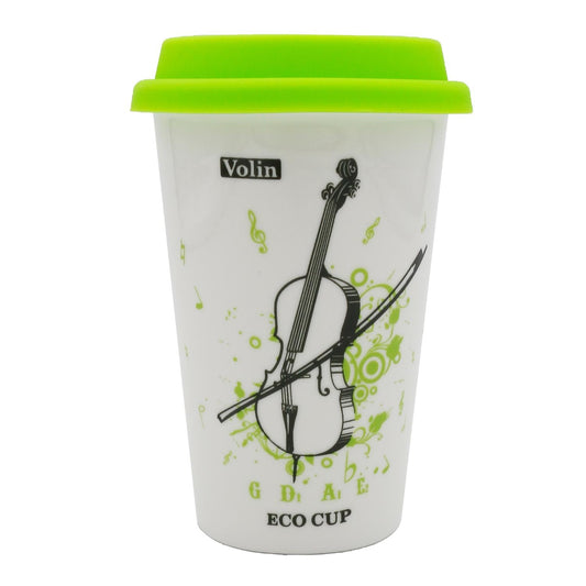 White ceramic violin-themed mug with green silicone lid
