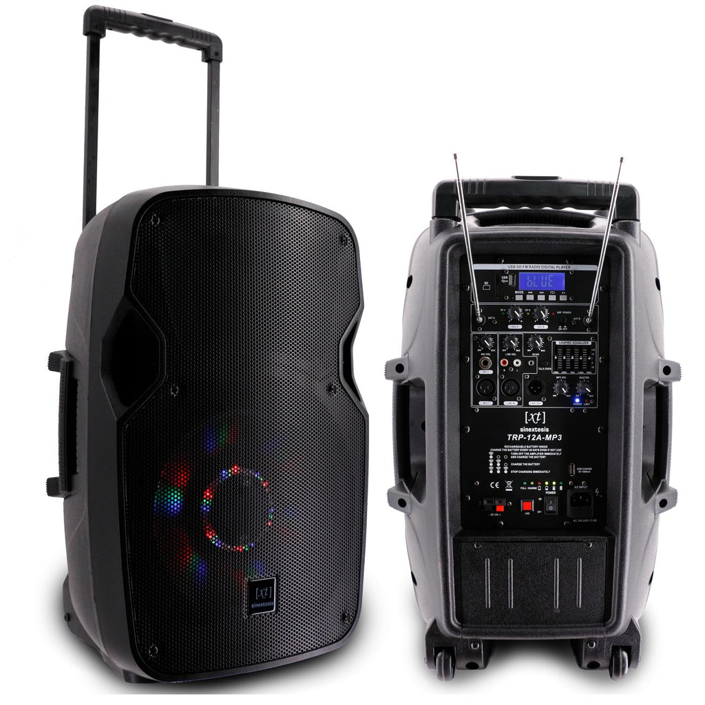 400W Rechargeable Trolley Speaker 12" Woofer with LED system, 2 Wireless Microphones, vocal effects