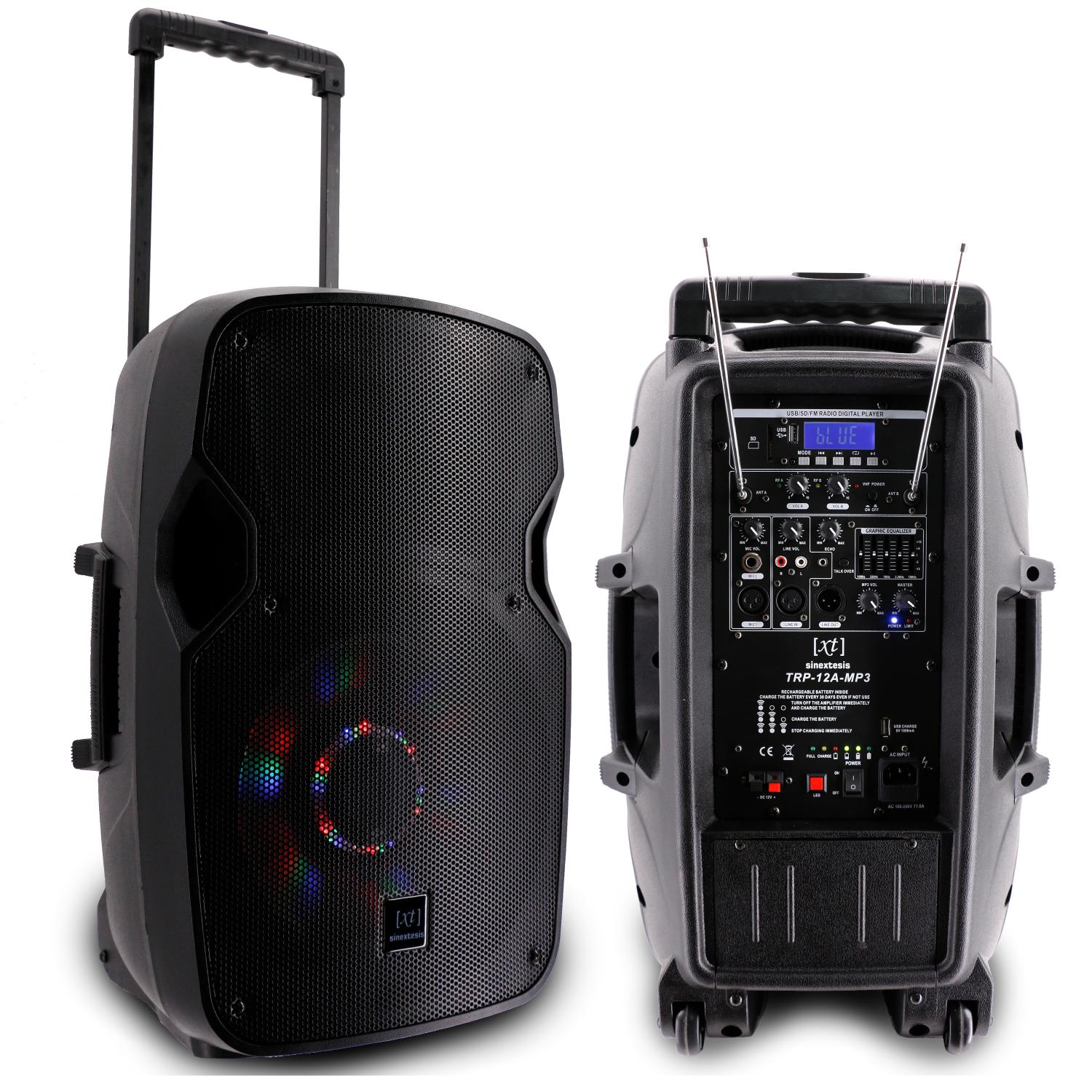 400W Rechargeable Trolley Speaker 12" Woofer with LED system, 2 Wireless Microphones, vocal effects