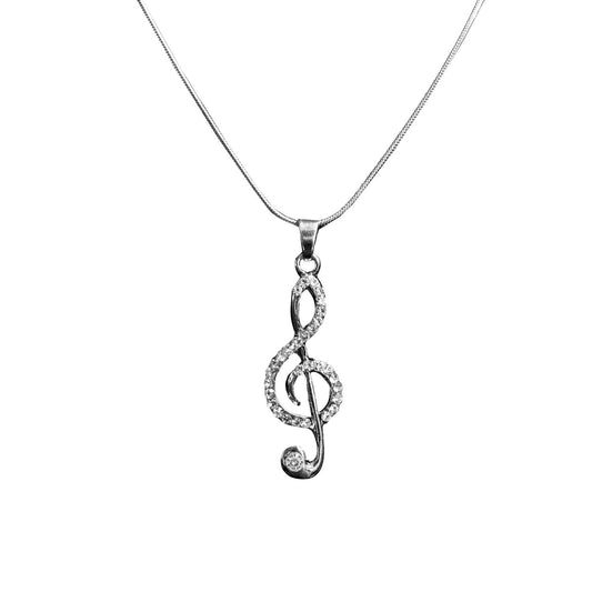 Necklace with Treble Clef pendant, silver colored and covered with rhinestones
