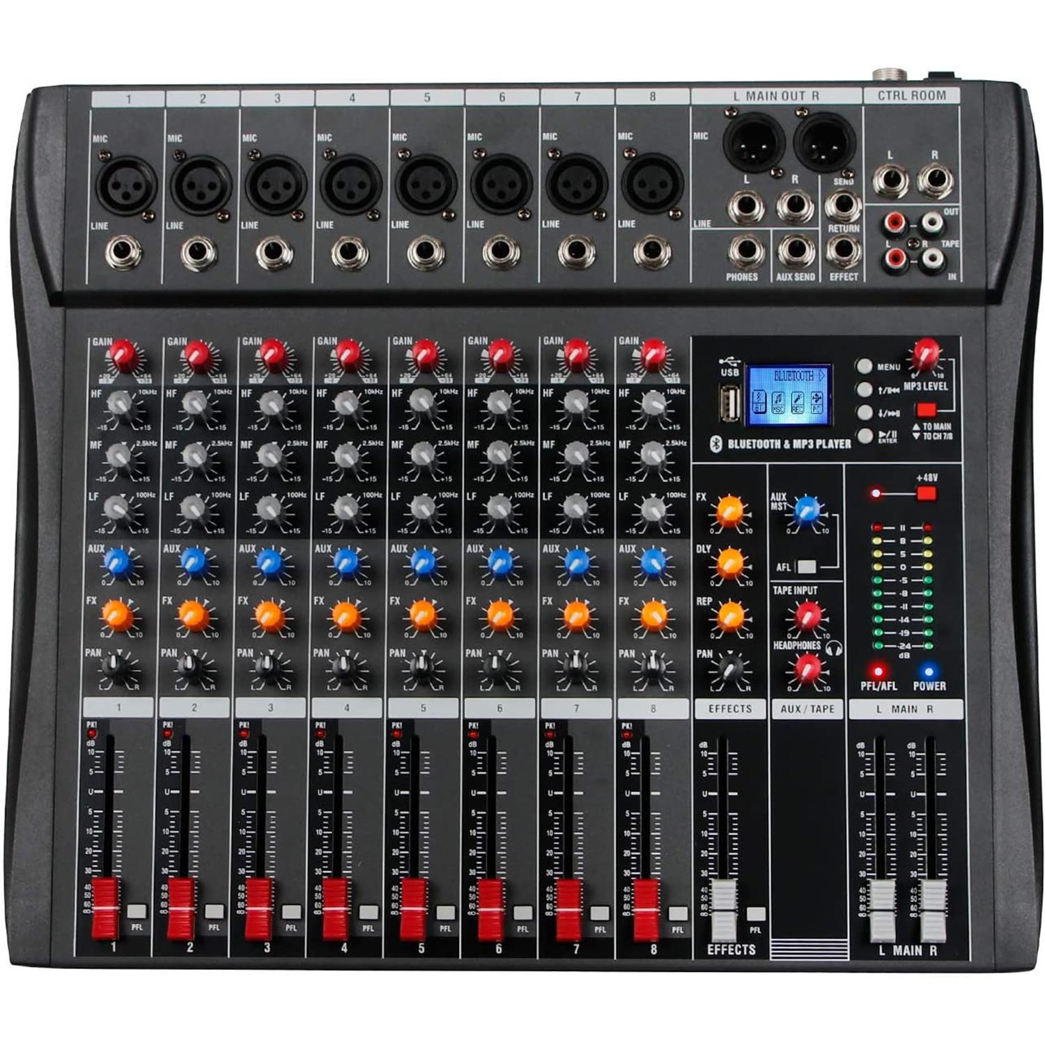 8-channel Mixer/Audio Interface with MP3, USB, Bluetooth, and Echo Effect