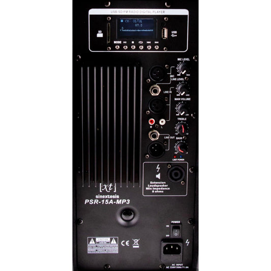 Diffusore Attivo 500W (LF 15" + HF 1") con Display LCD, Player Mp3 (USB/SD), Radio FM e Telecomando SINEXTESIS