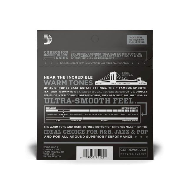 Bass Strings, Custom Light, 40-104, Long Scale D’Addario ECB84 Chromes