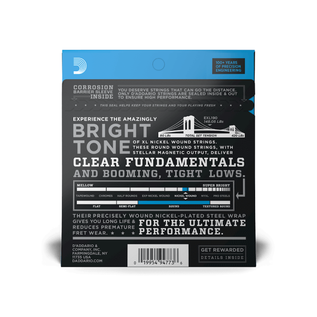 Bass Strings, Nickel Wound, Custom Light, 40-100, Long Scale D'Addario EXL190