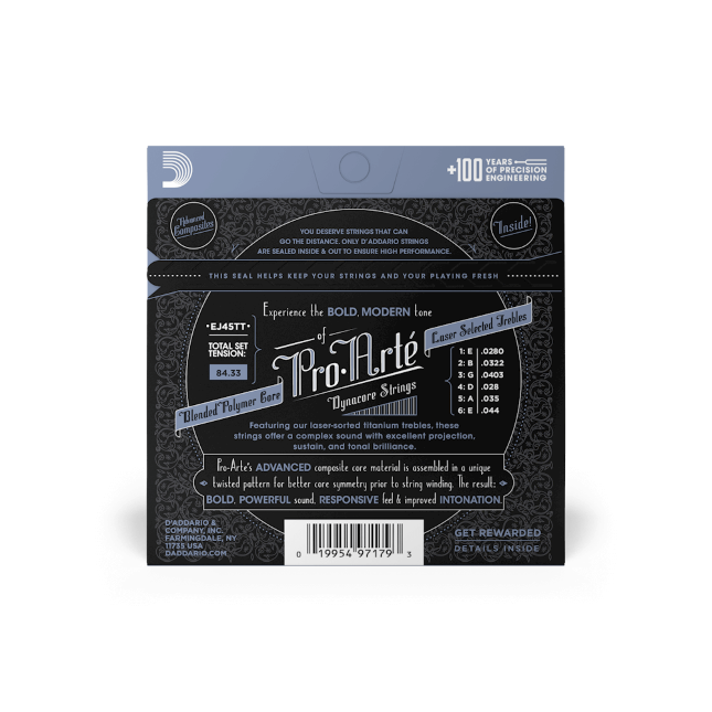 Classical guitar strings, D'Addario Pro-Arte Dynacore, titanium trebles, normal tension EJ45TT