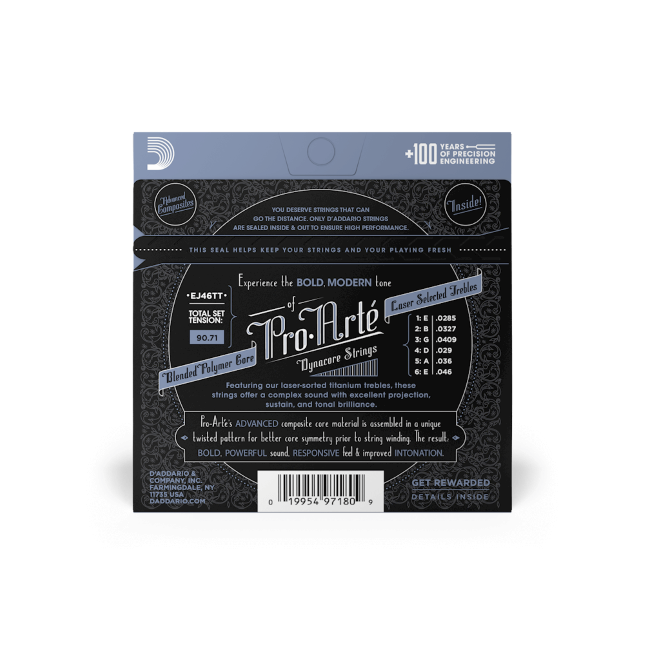 Classical Guitar Strings, D'Addario Pro-Arte Dynacore Classical Guitar Strings, Titanium Trebles, Hard Tension EJ46TT